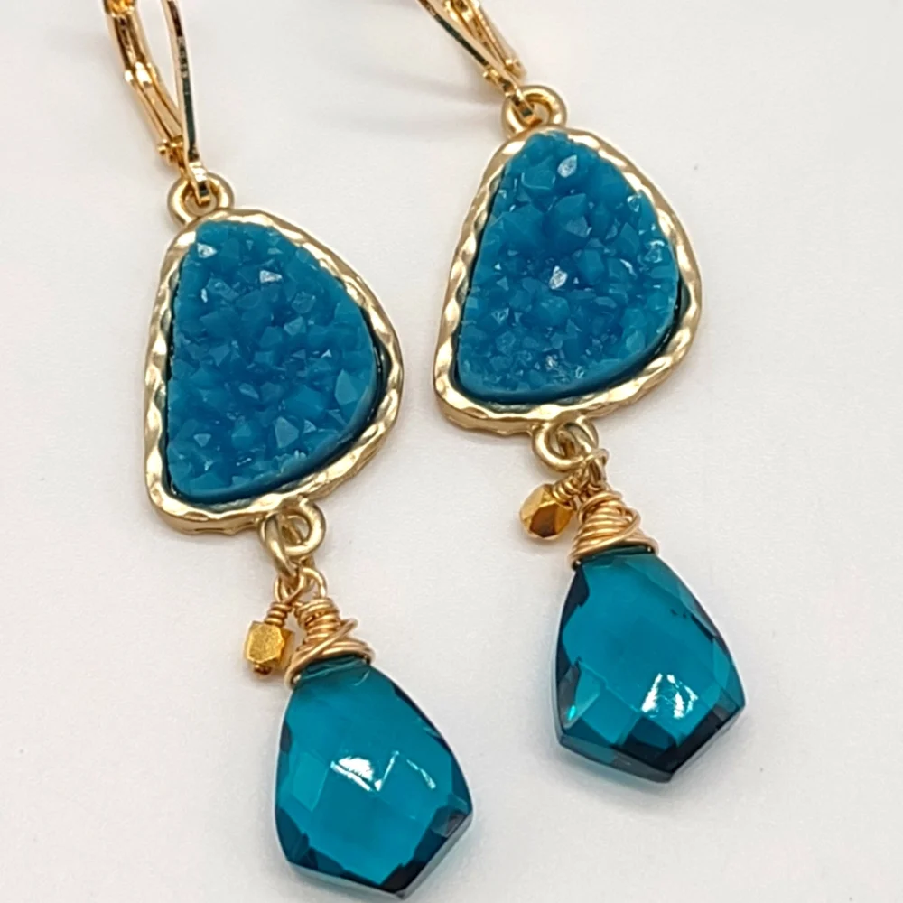 Sterling Silver Vermeil Teal Quartz Drop Earrings - Picture 1 of 10